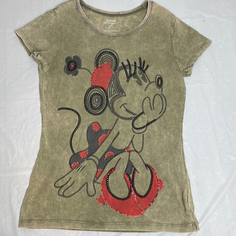 Minnie Mouse rhinestone T-shirt bleached green embroidered scoop neck small